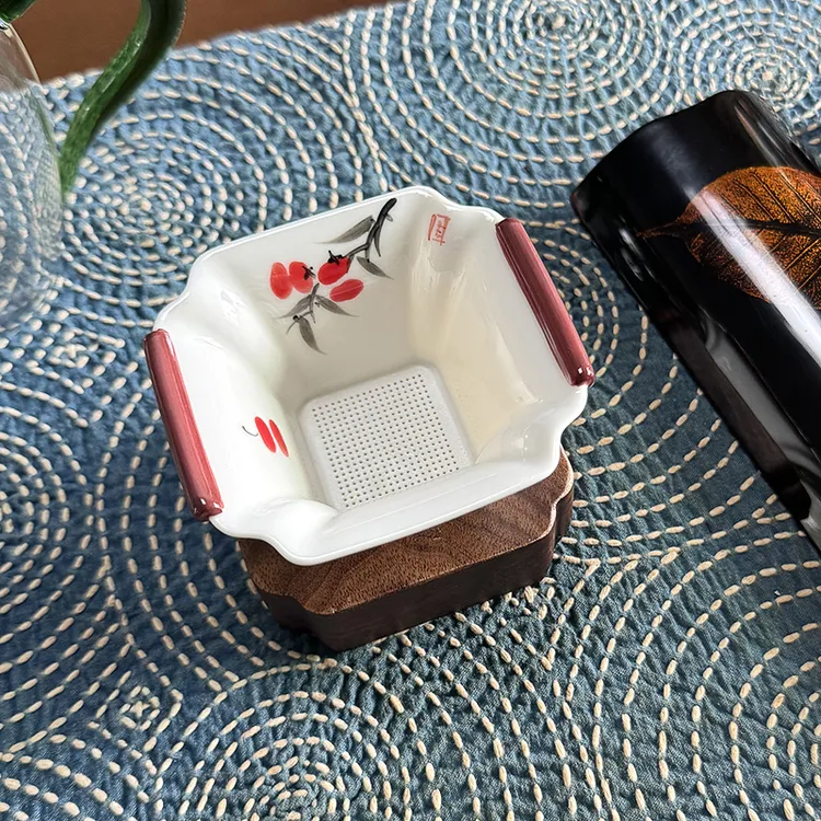 茶漏四方陶瓷茶漏过滤器手绘柿柿如意茶道配件两件套