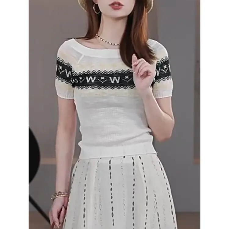 重工提花一字肩短袖针织衫女2025年夏季新款气质百搭显瘦洋气上衣