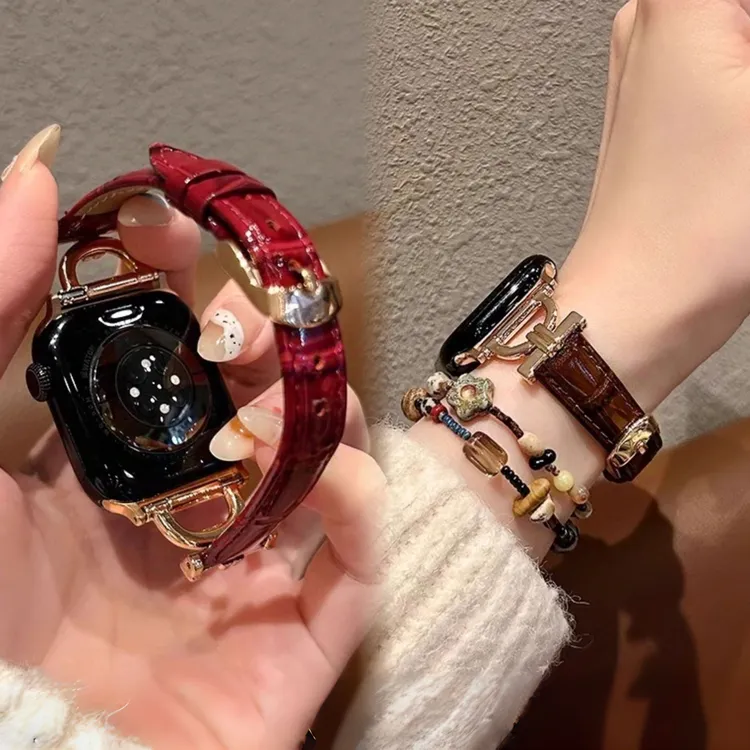 适用于iWatchs10代苹果手表s9真皮女applewatch8新款SE鳄鱼纹表带