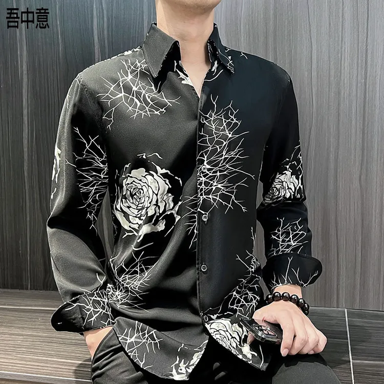 男士衬衫长袖痞帅高级感印花衬衣男款爆款2025新款大尖领寸衫男