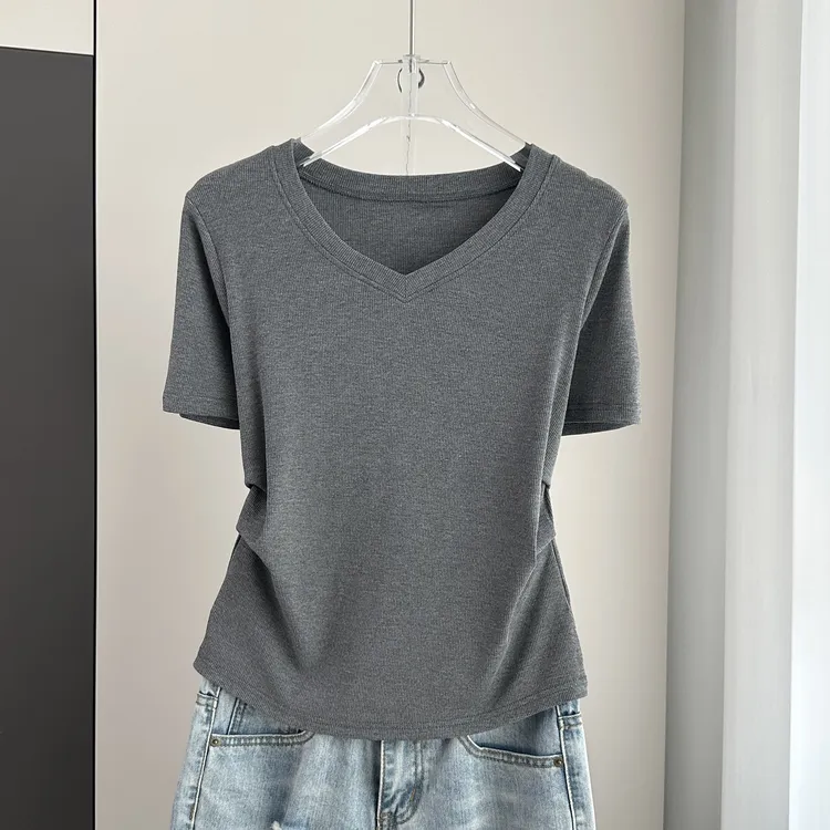 V领宽松短袖t恤女夏2025新款螺纹打底衫显瘦遮肉胖MM大码上衣潮
