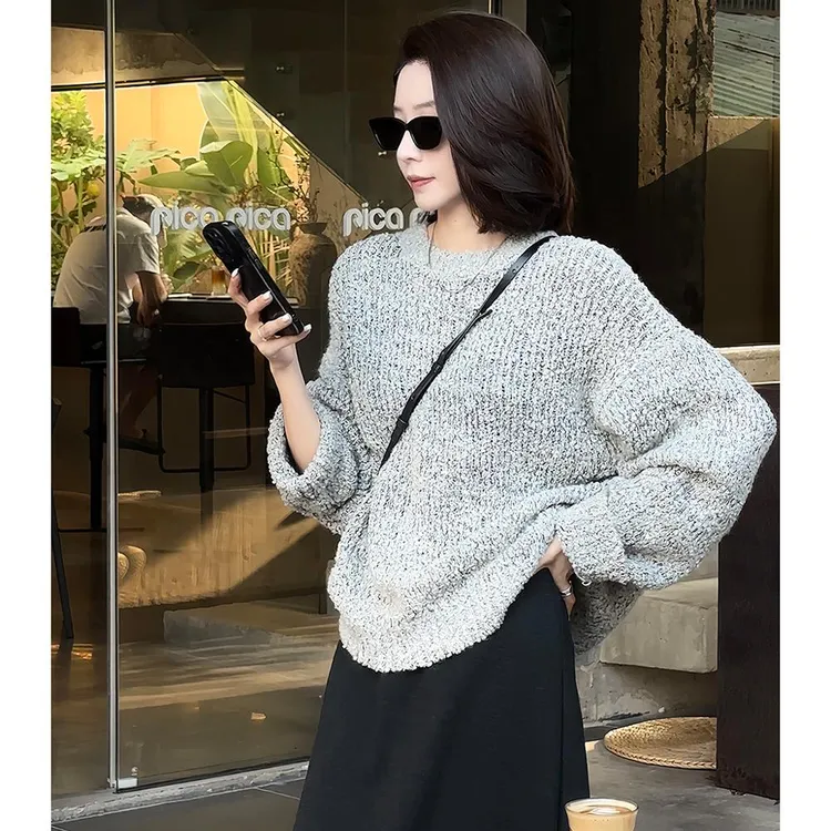 灰色小个子慵懒风圆领毛衣女秋冬2025新款宽松套头针织衫毛绒上衣