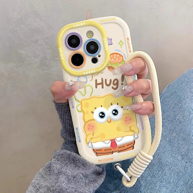 汉堡海绵宝宝适用苹果16promax手机壳iPhone15全包14挂绳13卡通12