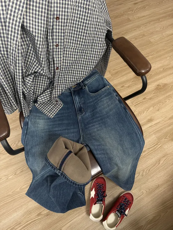 «小个子专属»管管定制重工洗水冬季加厚绒蓝色弹力十分直筒牛仔裤