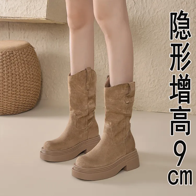 内增高短靴女2025年秋冬绒面西部靴圆头粗跟美拉德堆堆靴子女单靴
