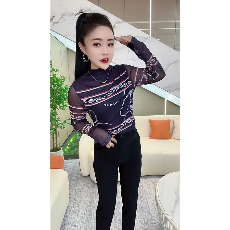 欧洲站圆领条纹长袖网纱T恤女春季新款高级感气质百搭打底衫衣
