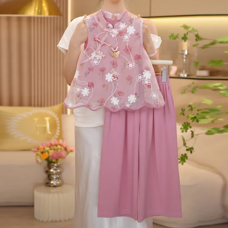 【闺蜜家】女童2025夏季新款国风新中式碎花背心+阔腿裤套装-8488