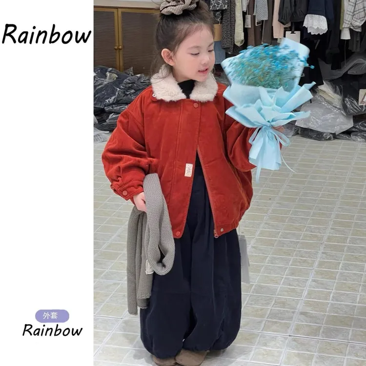 【LHW】韩系女童红色年服冬季外套2025新款儿童加厚毛绒棉衣百搭保
