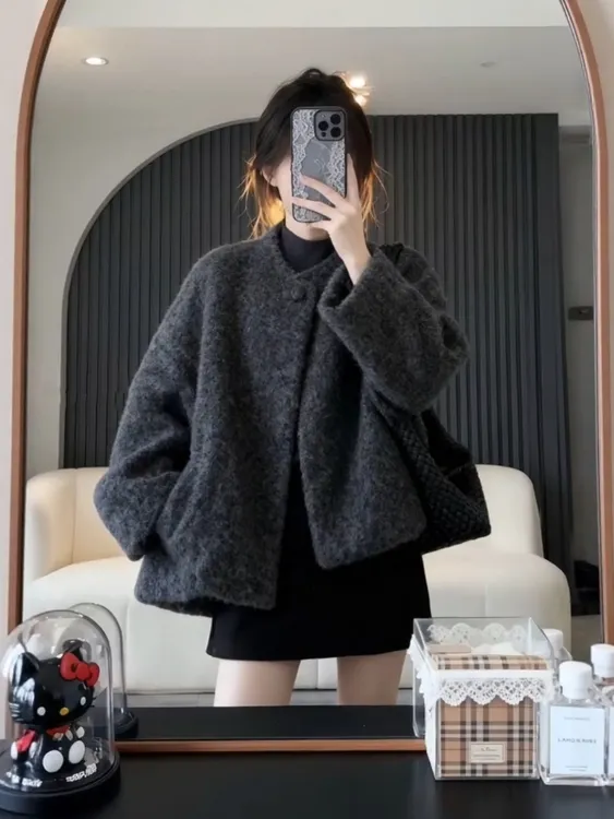 韩系文艺风灰色毛呢外套女秋冬新款高级感气质极简小个子百搭上衣