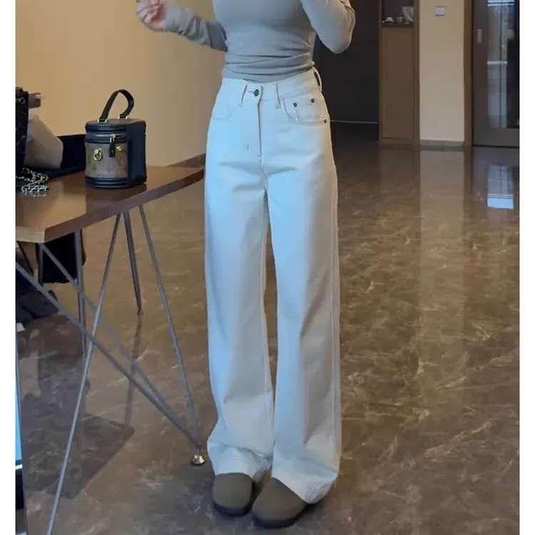 白色窄版阔腿牛仔裤女秋冬2025新款加绒高腰显瘦宽松小个子直筒裤