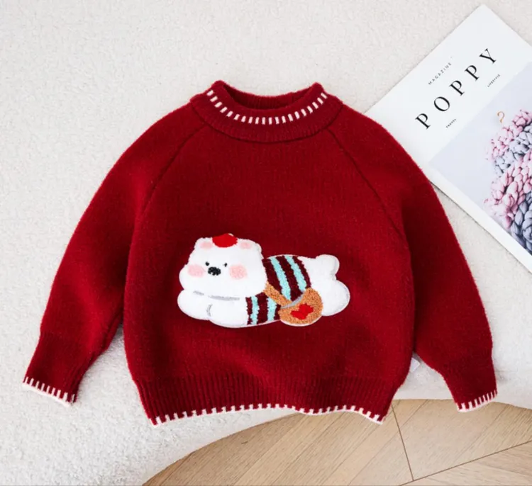 不起球毛衣儿童圣诞款女孩红色上衣加厚拜年服饰男童喜庆过年服