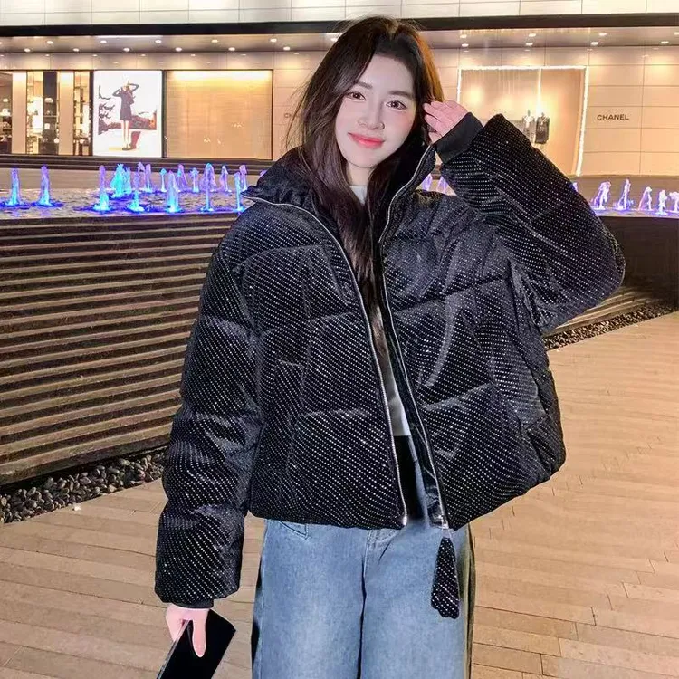 满天星亮晶晶金丝绒保暖面包服女2025冬新款短款立领棉衣棉服棉袄