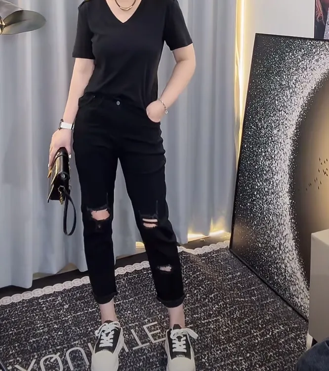爆款2025新款大码破洞牛仔裤女夏季薄款弹力高腰老爹裤乞丐哈伦裤