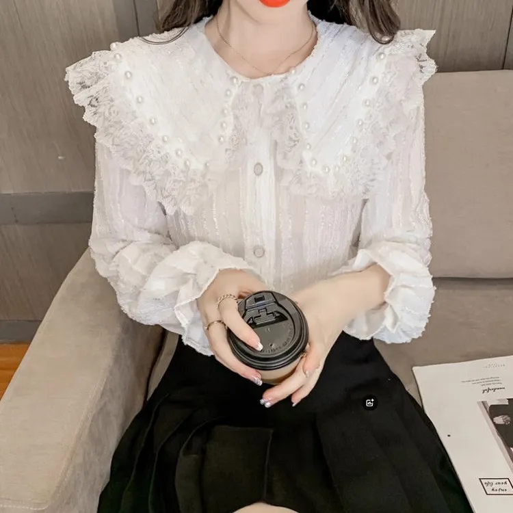 蕾丝打底衫2025新款女秋冬钉珠时尚洋气泡泡袖气质长袖上衣女秋季
