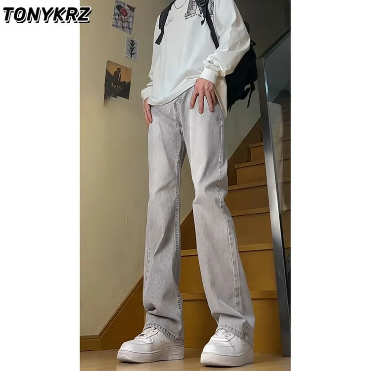 TONYKRZ美式高街复古vibe牛仔裤男显瘦直筒高级感烟灰色微喇裤子