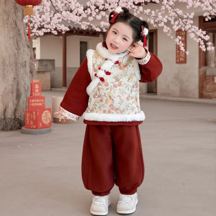 女童新中式唐装套装冬季宝宝中国风拜年服长袖喜庆汉服2026新款