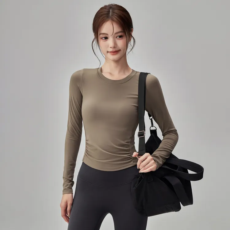 岚纹带胸垫瑜伽服女跑步运动上衣修身训练t恤气质普拉提健身长袖