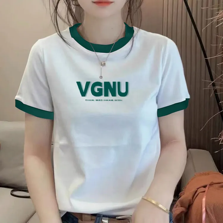 正肩短袖t恤女士夏季字母印花体恤衫修身显瘦半袖撞色圆领上衣ins