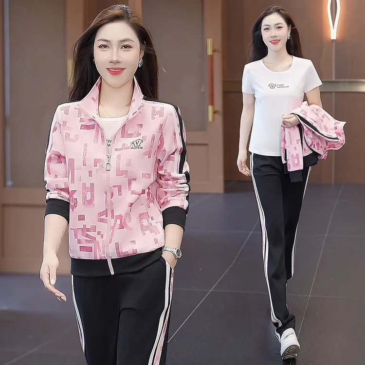 休闲宽松运动套装女2025春秋新款妈妈开衫花色卫衣时尚减龄两件套
