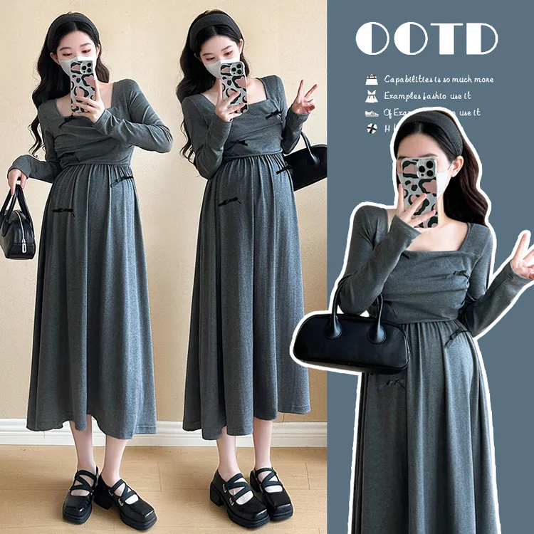 洋气孕妇装韩版显瘦2025春季新款方领针织灰色气质孕妇大码连衣裙