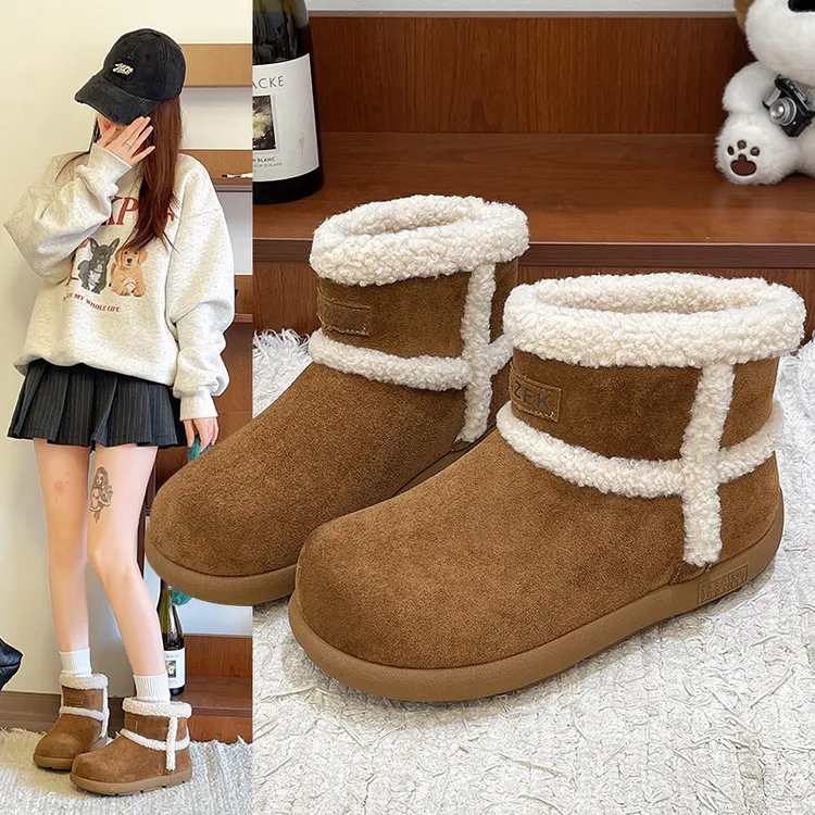 2025新款平底棉鞋时尚雪地靴保暖百搭短筒冬季加绒女雪地短靴