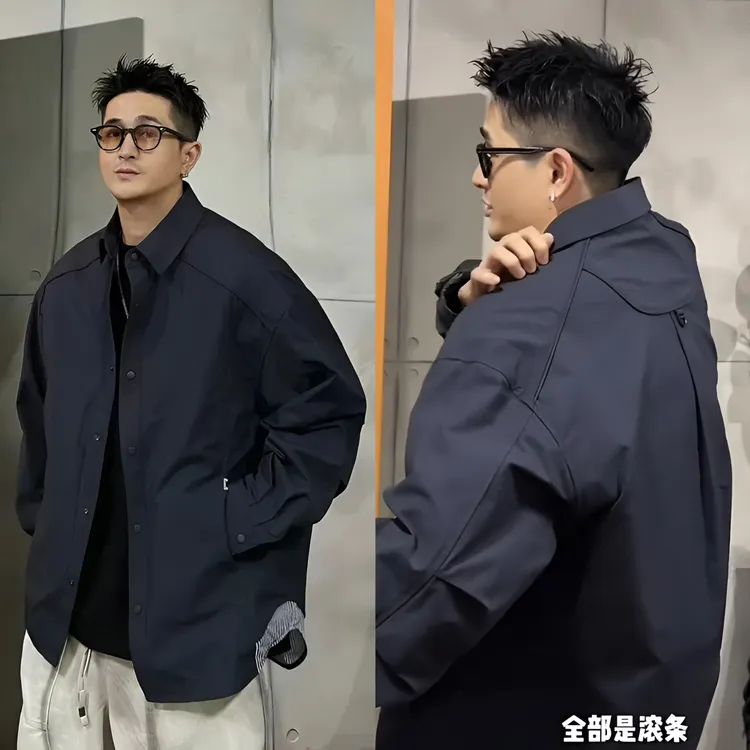 春秋新款高街宽松设计条纹内衬衬衫夹克男士潮流时尚百搭上衣外套