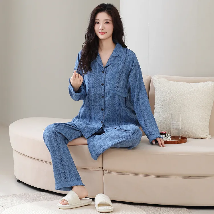 秋冬新款长袖大码长裤睡衣甜美女士宽松透气长袖松紧带