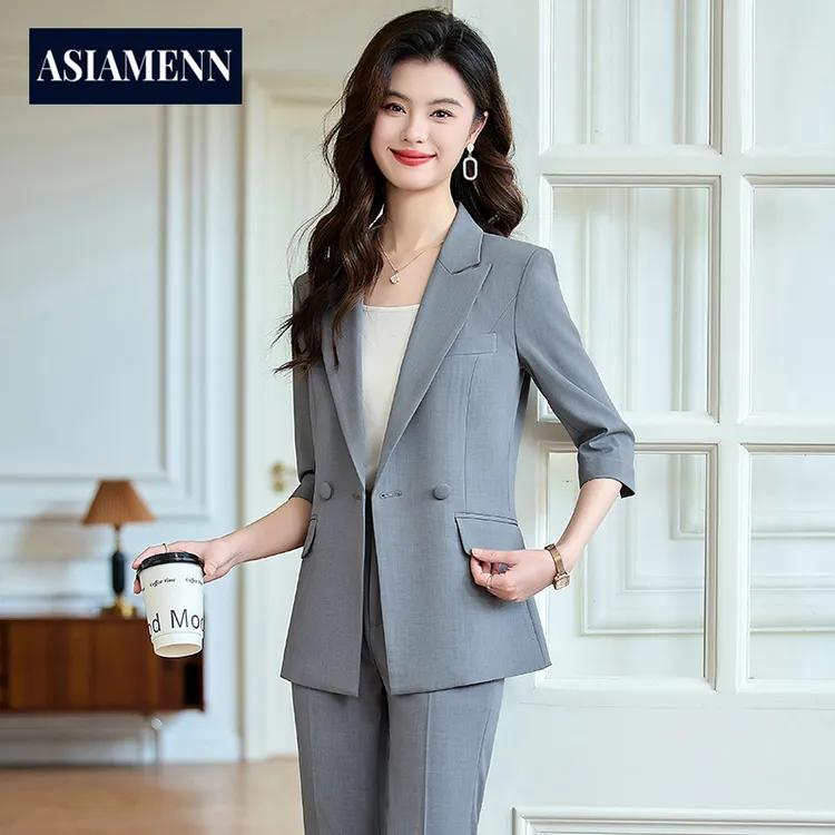 灰色西装套装女春夏2025新款七分袖职业正装通勤显瘦气质西服外套