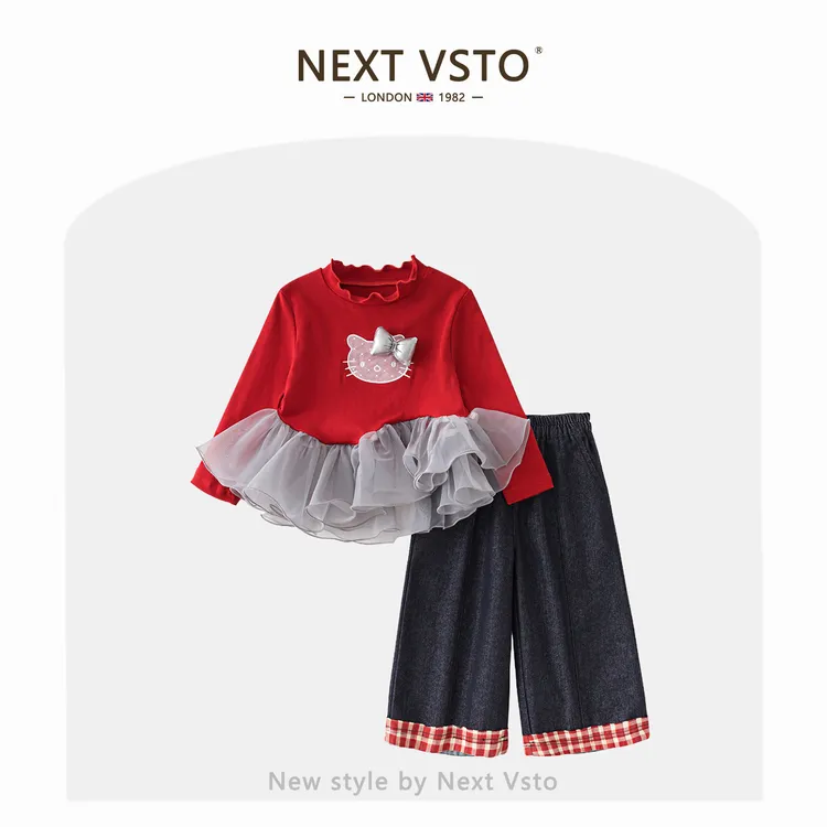 英国NEXT VSTO女童卡通套装春秋季可爱小女孩猫咪T恤阔腿裤两件套