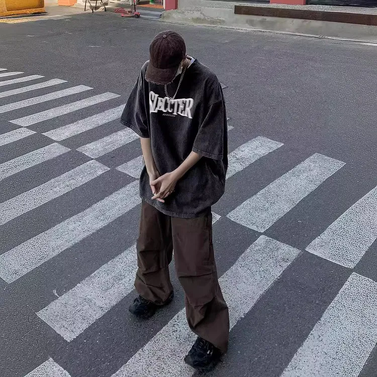 美式港风复古潮流休闲百搭夏季上衣印花宽松半袖男士新款拼接