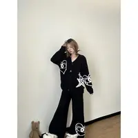 黑色长袖针织半边绒睡衣女毛衣秋冬加厚保暖长裤家居服套装可外穿