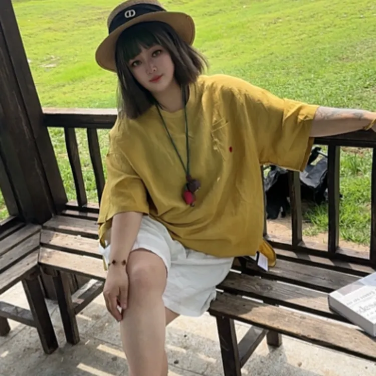 Aa·Dan+桃心刺绣苎麻上衣半袖宽松复古慵懒风