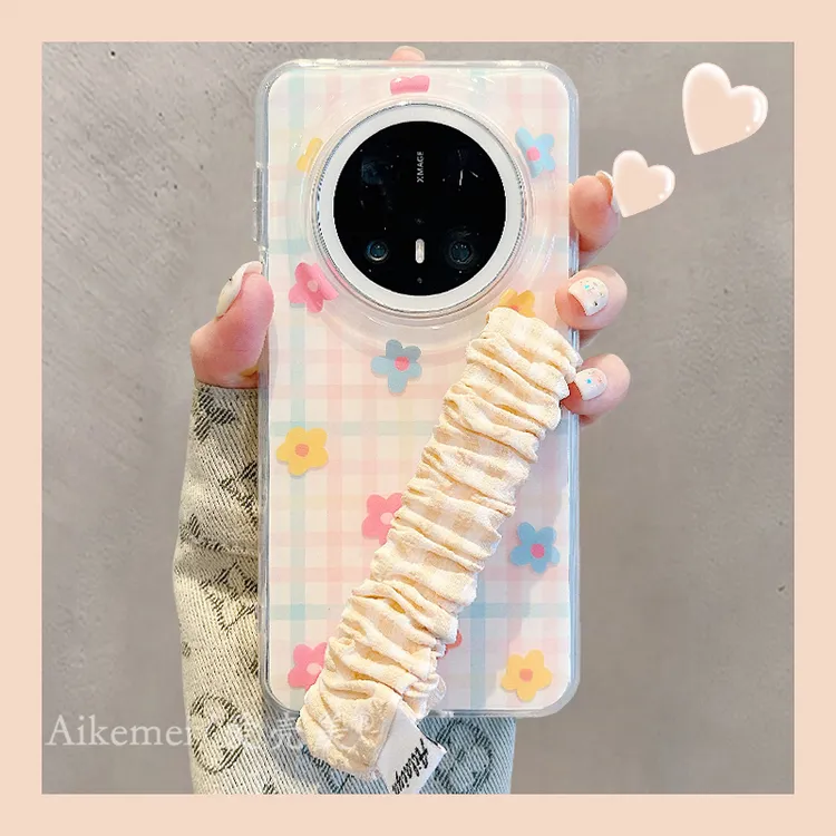 适用华为mate70pro+手机壳少女心格纹Mate60pro+彩色花朵布艺腕带