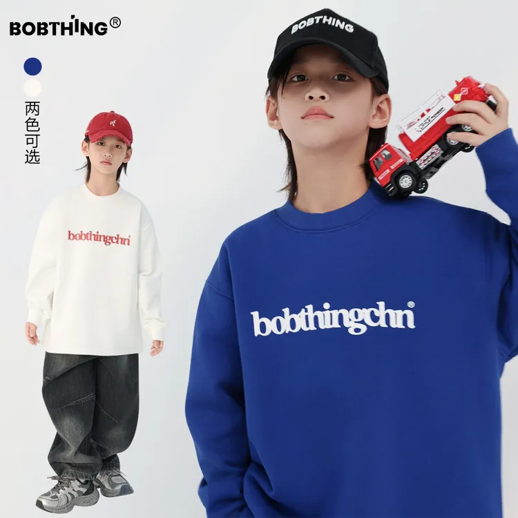 男童冬装简约字母抓绒卫衣圆领儿童加厚打底衫加绒上衣中大童装潮