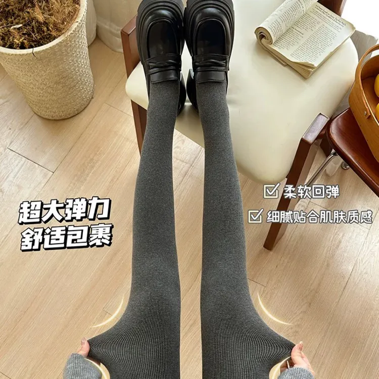 竖条纹灰色打底裤女外穿2025新款春秋薄款大码胖mm连裤袜弹力显瘦