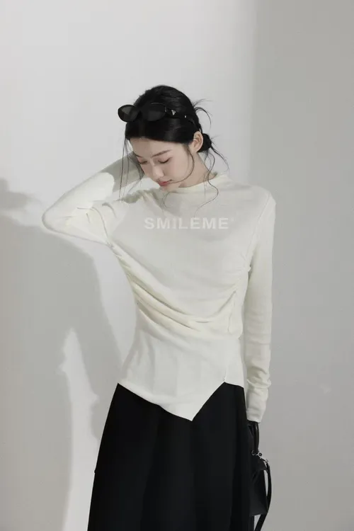 3-SMILEME【简妮】桑蚕丝羊毛混纺不规则设计保暖上衣MK15625412