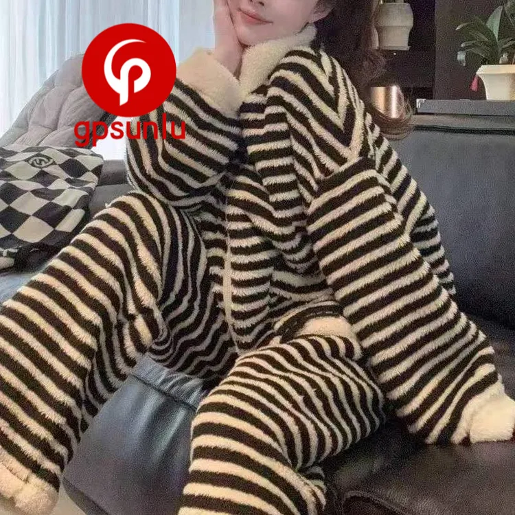 高端小众GP慵懒风条纹毛绒绒加绒加厚保暖睡衣女款冬季新款家居服