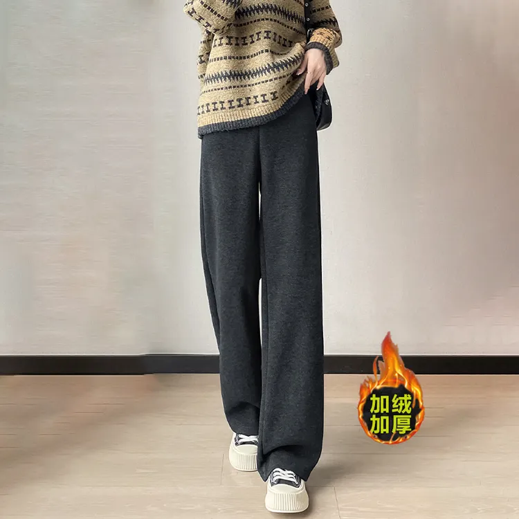 加绒人字纹毛呢阔腿裤女秋冬季2025新款高腰窄版小个子直筒休闲裤