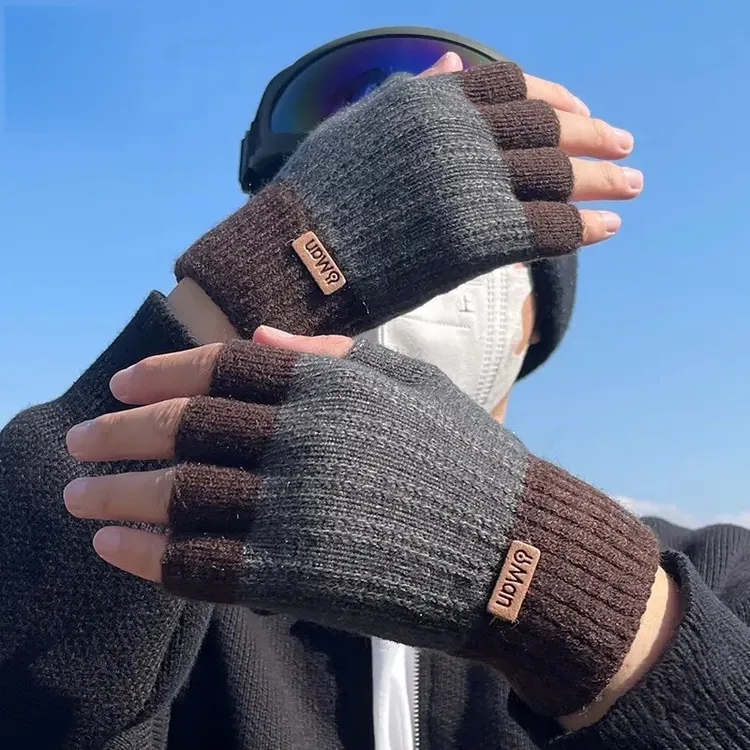 半指手套男露指冬季骑行加厚毛线漏指头学生写字针织保暖半截分指