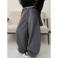 炒色工艺灰色阔腿牛仔裤女秋季美式复古高腰宽松显瘦休闲香蕉裤潮