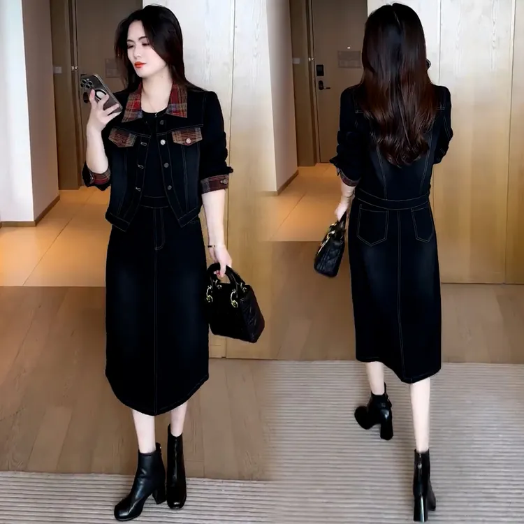 休闲牛仔套装女2025秋季新款显瘦减龄百搭拼接红格牛仔外套连衣裙