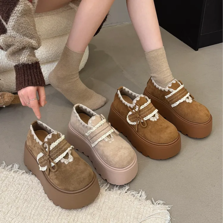 贾不假勃肯鞋女春季2026新款休闲魔术贴厚底增高蝴蝶结休闲鞋棕色