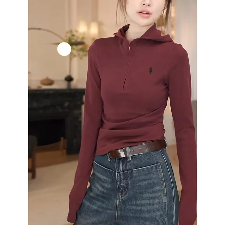 半拉链连帽长袖T恤女2025夏季新款欧货时尚修身显瘦休闲薄款上衣