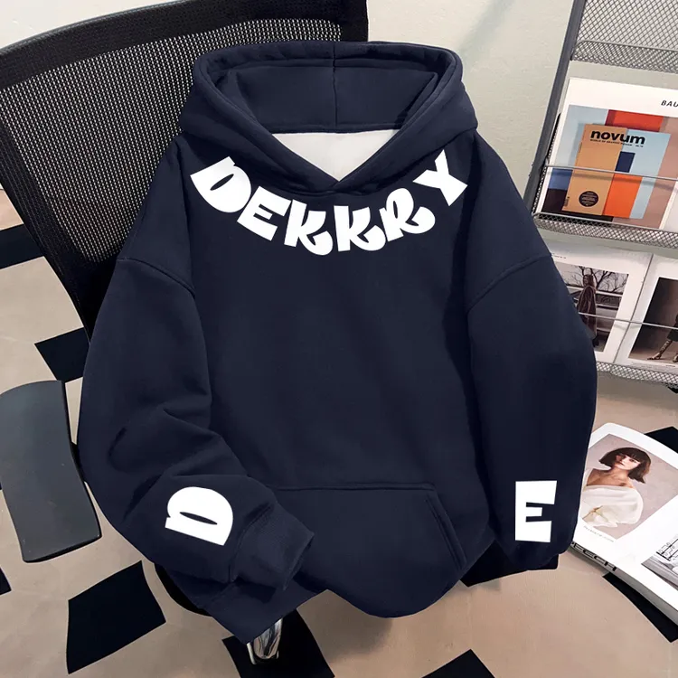 Dekkry潮流个性字母印花秋冬藏青色套头连帽卫衣男女ins加绒上衣