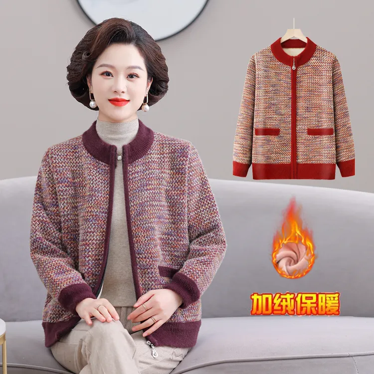 妈妈装加绒加厚仿貂绒外套中老年女装宽松保暖洋气时尚显瘦上衣