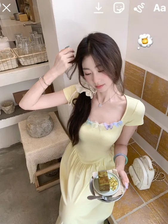 EIA一尧【柠夏】韩系温柔氧气感连衣裙显瘦气质欧若风少女收腰裙夏