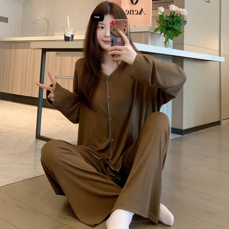 2025新款睡衣女春秋季莫代尔开衫长袖长裤韩版ins家居服大码套装
