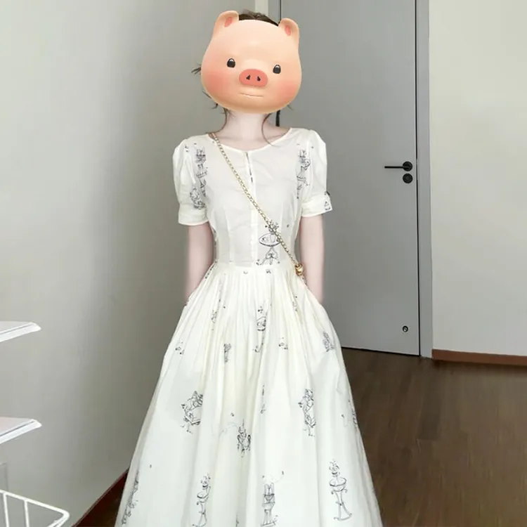 【现货+清仓】温柔风白色短袖连衣裙女夏海边度假收腰显瘦长裙3767