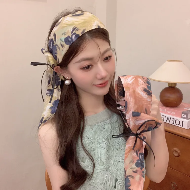 夏日新款宽边飘带发箍粉色碎花波西米亚风旅游头箍精致小众发饰女