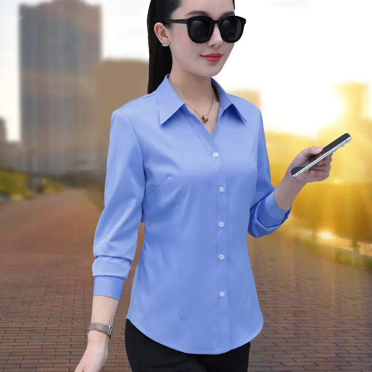 职业v领衬衫女长袖免烫春季新款气质工装正装工作服面试白色衬衣